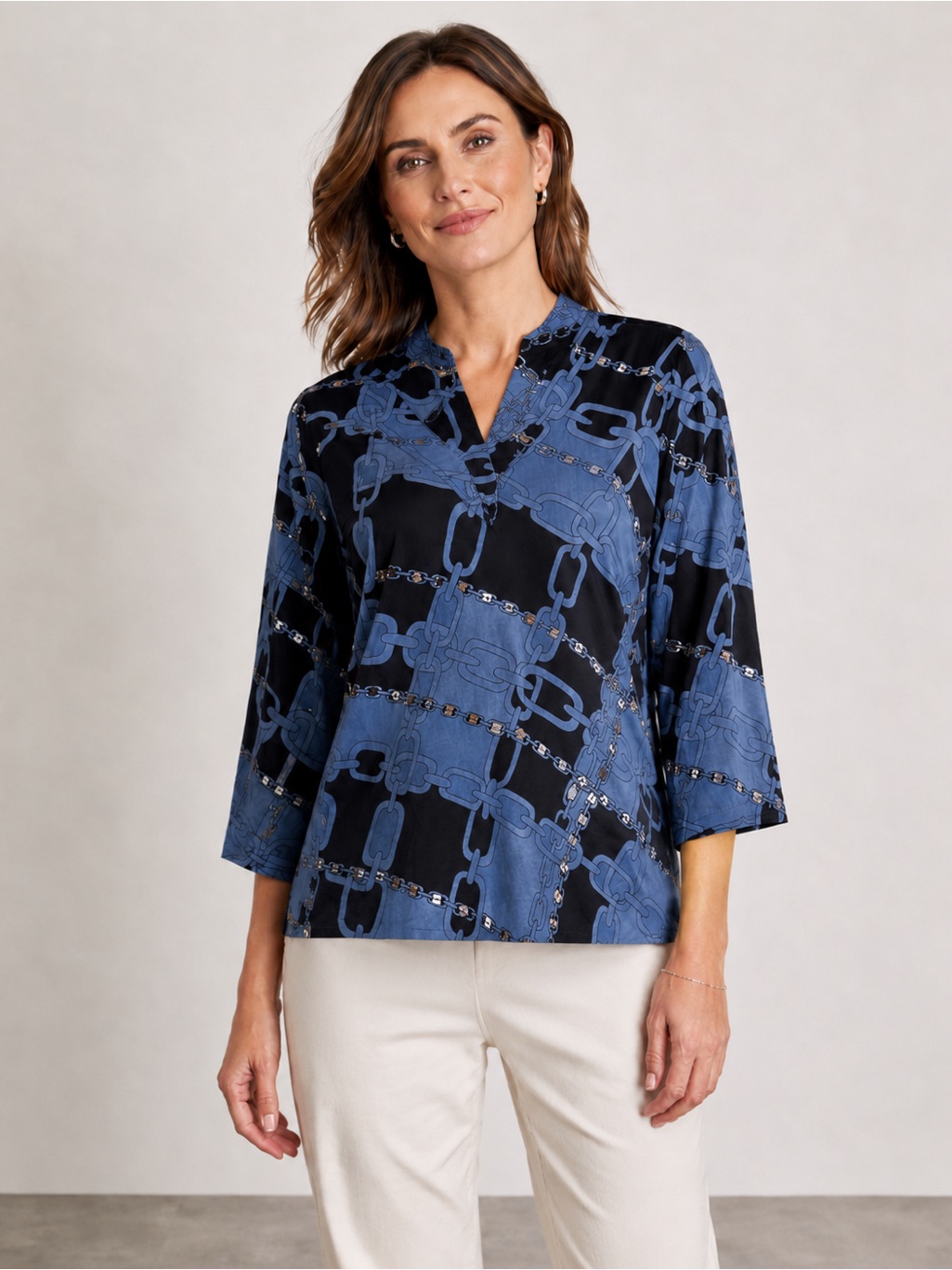 Tory Burch Chain Link V Neck 3/4 Sleeve Slit Caftan Top In Blue Black - 8
